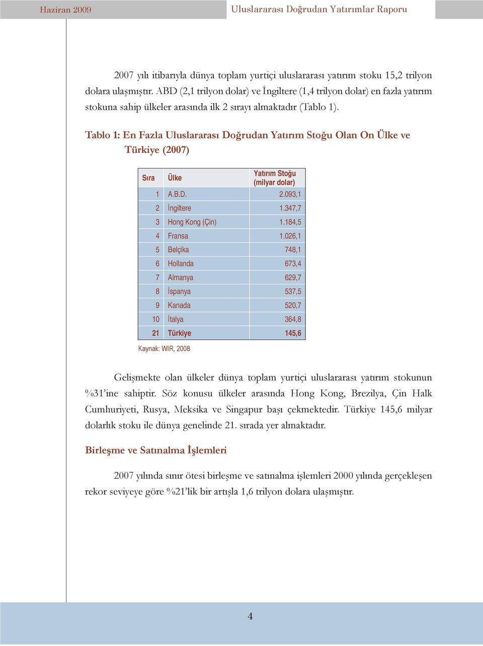 Tablo 1: En Fazla Uluslararası Doğrudan Yatırım Stoğu Olan On Ülke ve Türkiye (2007) S ra Ülke Kaynak: WIR, 2008 Yat r m Sto u (milyar dolar) 1 A.B.D. 2.093,1 2 ngiltere 1.347,7 3 Hong Kong (Çin) 1.