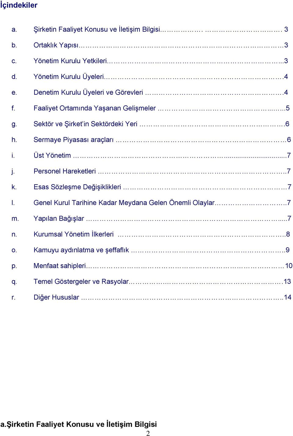 Üst Yönetim...7 j. Personel Hareketleri..7 k. Esas Sözleşme Değişiklikleri 7 l. Genel Kurul Tarihine Kadar Meydana Gelen Önemli Olaylar..7 m. Yapılan Bağışlar...7 n.