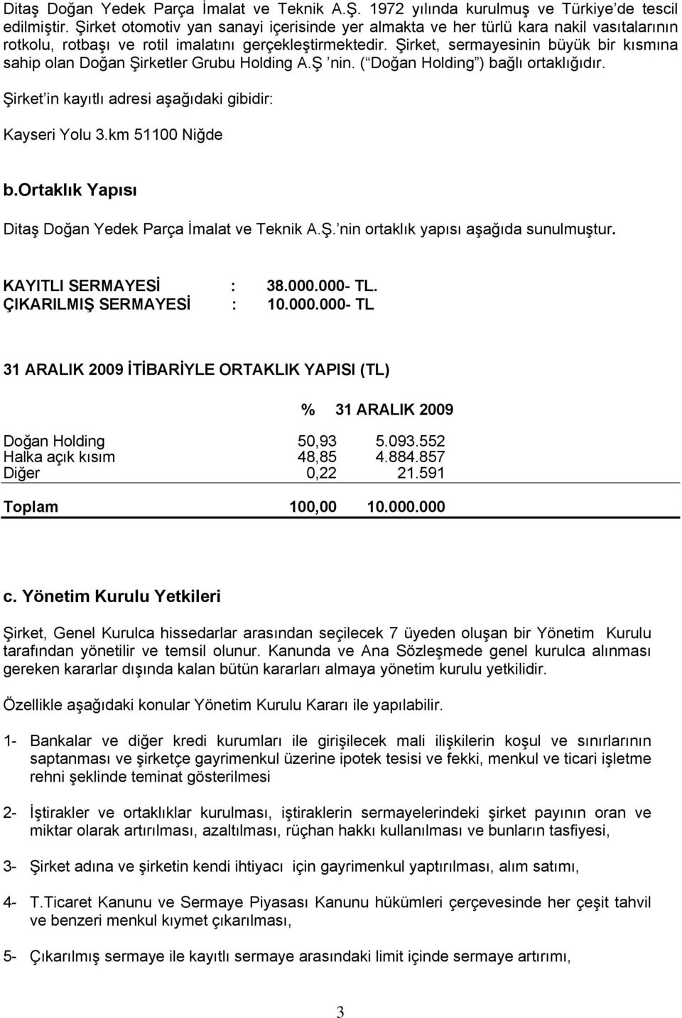 Şirket, sermayesinin büyük bir kısmına sahip olan Doğan Şirketler Grubu Holding A.Ş nin. ( Doğan Holding ) bağlı ortaklığıdır. Şirket in kayıtlı adresi aşağıdaki gibidir: Kayseri Yolu 3.