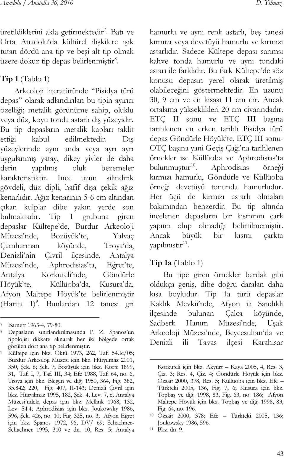 Tip 1 (Tablo 1) Arkeoloji literatüründe Pisidya türü depas olarak adlandırılan bu tipin ayırıcı özelliği; metalik görünüme sahip, oluklu veya düz, koyu tonda astarlı dıģ yüzeyidir.