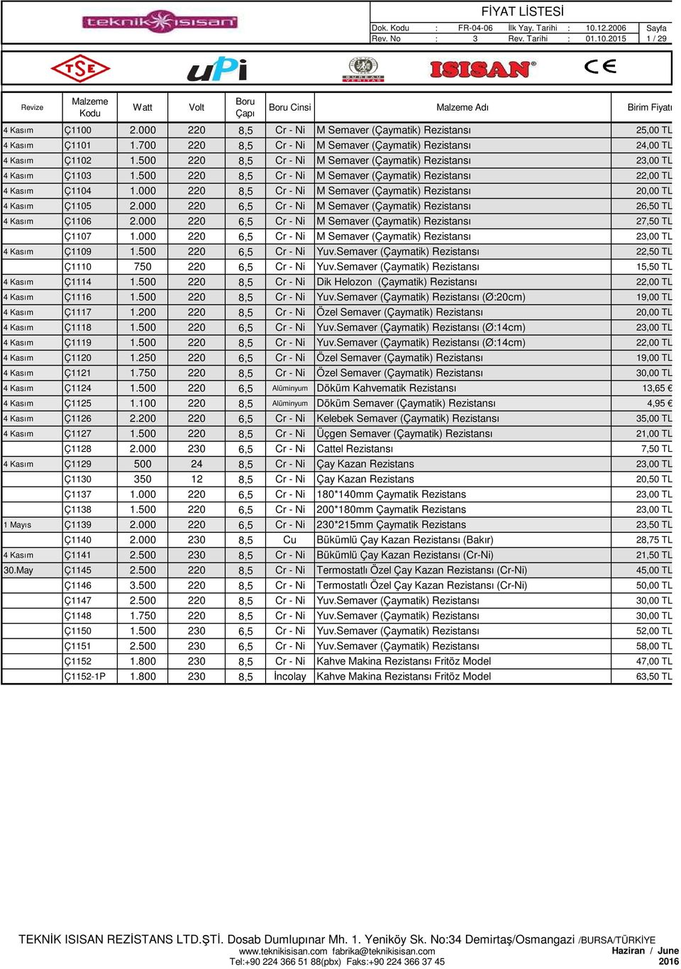 Rezistansı 20,00 TL 4 Kasım Ç1105 M Semaver (Çaymatik) Rezistansı 20 TL 4 Kasım Ç1106 M Semaver (Çaymatik) Rezistansı 27,50 TL Ç1107 M Semaver (Çaymatik) Rezistansı 23,00 TL 4 Kasım Ç1109 Yuv.