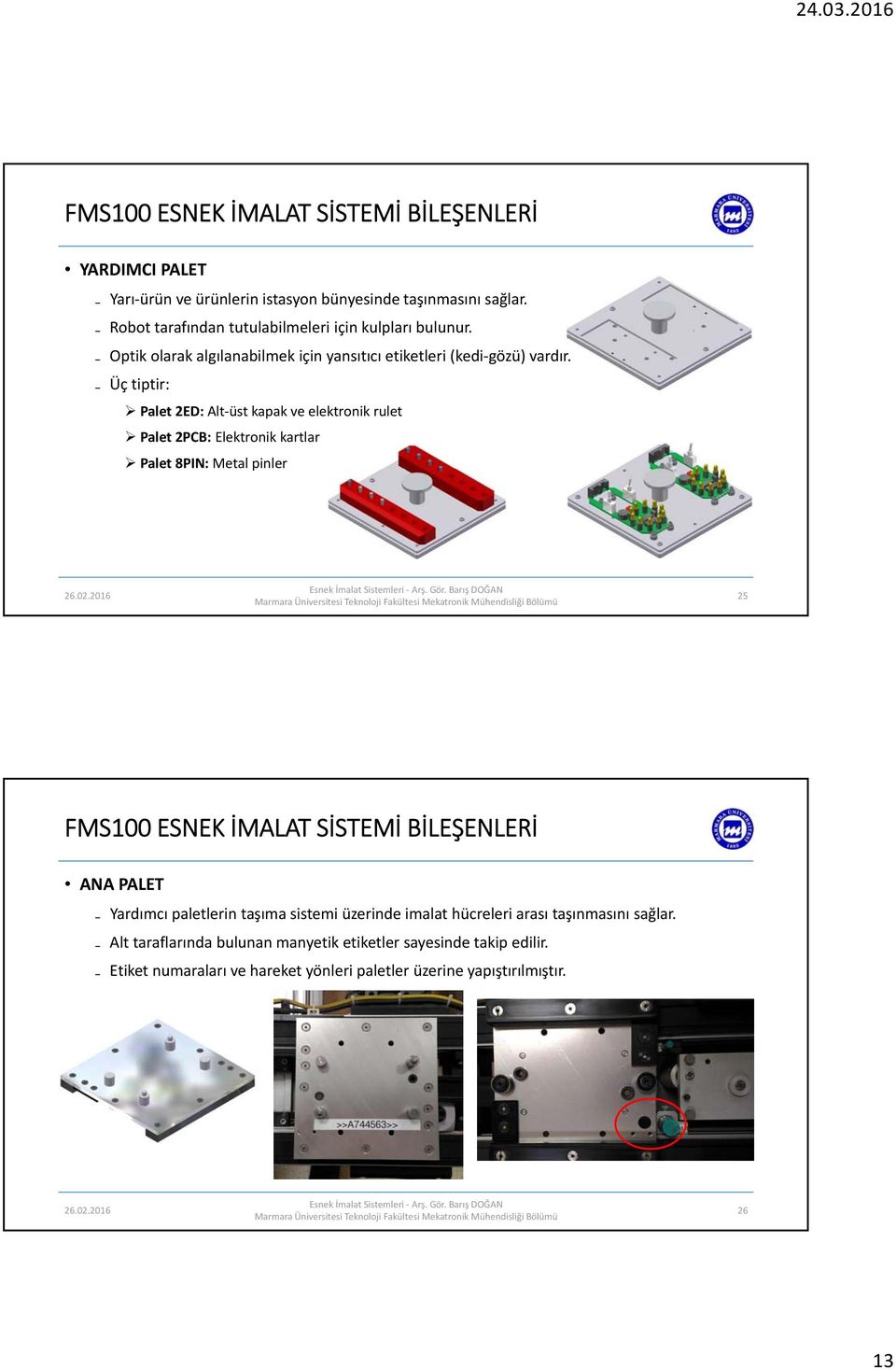 Üç tiptir: Palet 2ED: Alt üst kapak ve elektronik rulet Palet 2PCB: Elektronik kartlar Palet 8PIN: Metal pinler 25 ANA PALET Yardımcı