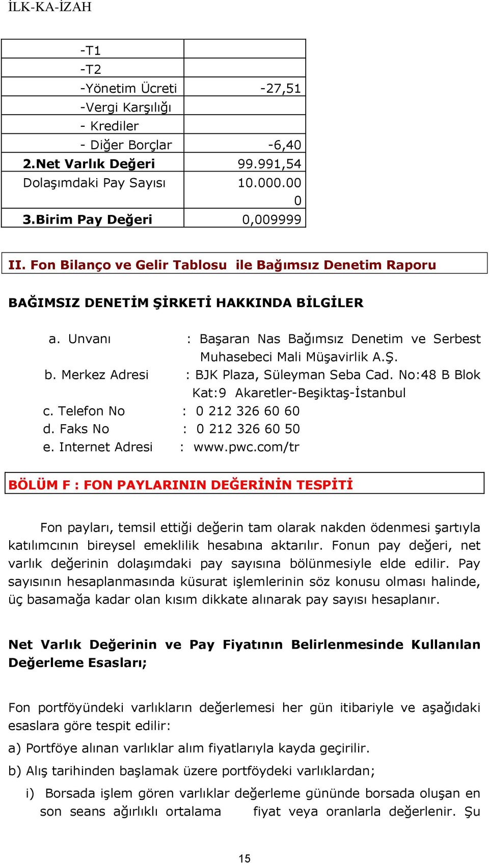 Merkez Adresi : BJK Plaza, Süleyman Seba Cad. No:48 B Blok Kat:9 Akaretler-Beşiktaş-İstanbul c. Telefon No : 0 212 326 60 60 d. Faks No : 0 212 326 60 50 e. Internet Adresi : www.pwc.