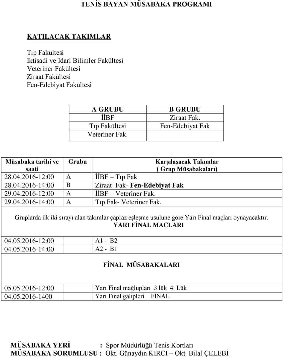 29.04.2016-14:00 A Tıp Fak- Veteriner Fak. Gruplarda ilk iki sırayı alan takımlar çapraz eşleşme usulüne göre Yarı Final maçları oynayacaktır. YARI FİNAL MAÇLARI 04.05.