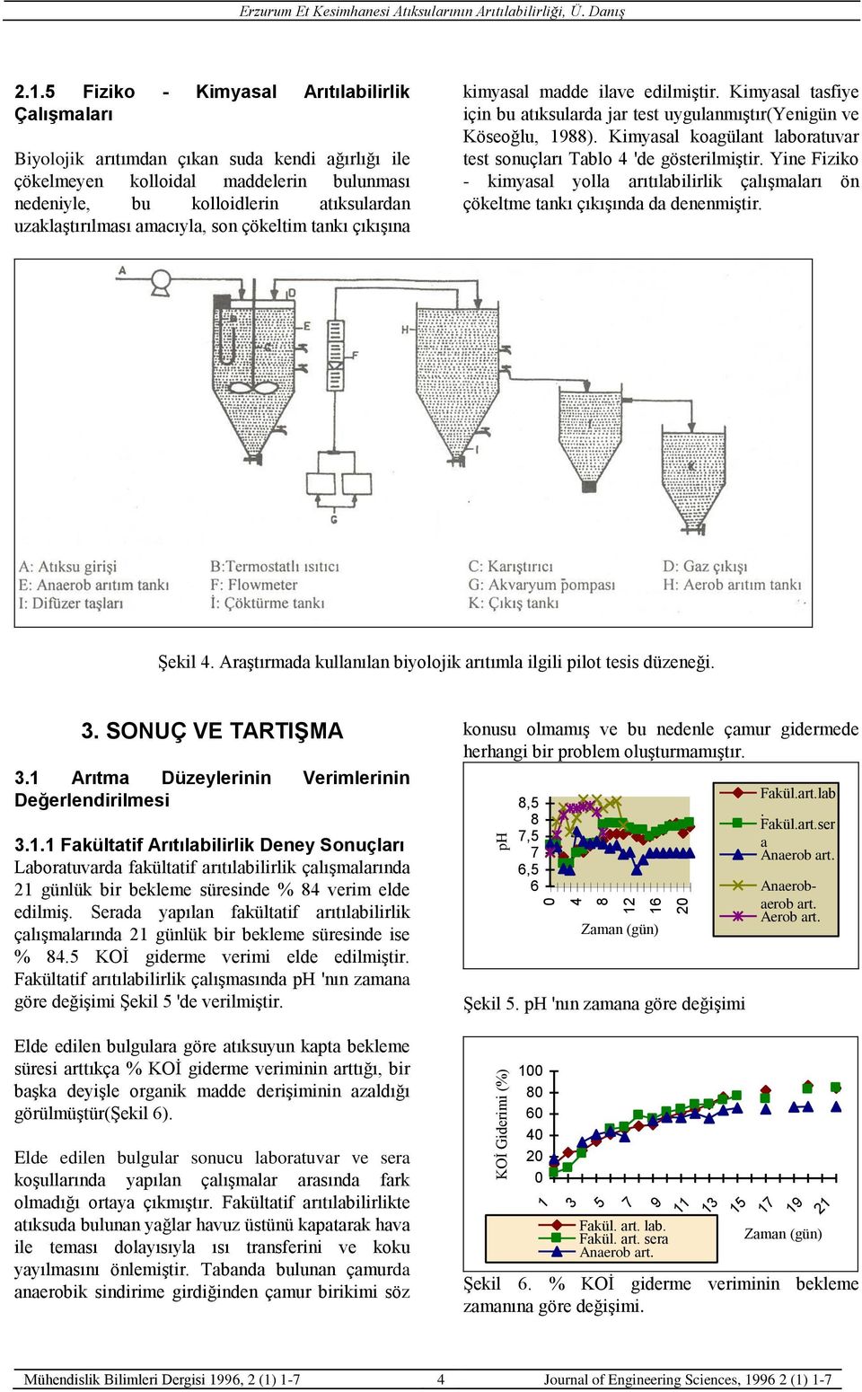 Kimyasal koagülant laboratuvar test sonuçları Tablo 4 'de gösterilmiştir. Yine Fiziko - kimyasal yolla arıtılabilirlik çalışmaları ön çökeltme tankı çıkışında da denenmiştir. Şekil 4.