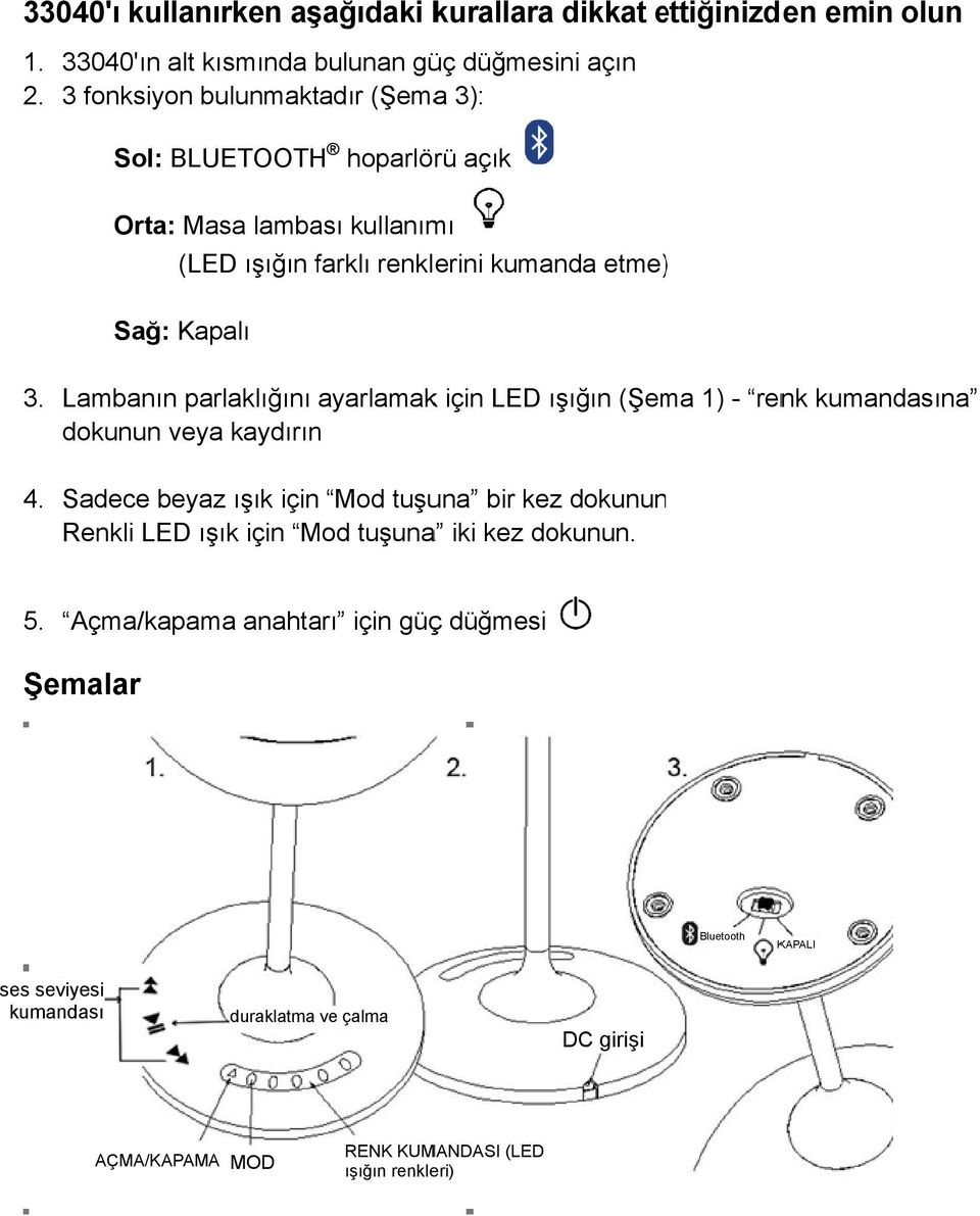 Lambanın parlaklığını ayarlamakk için LED ışığın (Şema 1) - renk kumandasına dokunun veya kaydırın 4.