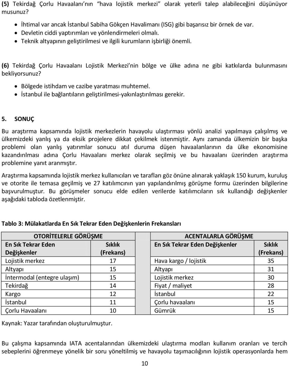 (6) Tekirdağ Çorlu Havaalanı Lojistik Merkezi nin bölge ve ülke adına ne gibi katkılarda bulunmasını bekliyorsunuz? Bölgede istihdam ve cazibe yaratması muhtemel.