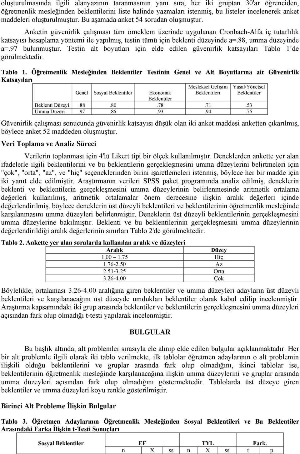 Anketin güvenirlik çalışması tüm örneklem üzerinde uygulanan Cronbach-Alfa iç tutarlılık katsayısı hesaplama yöntemi ile yapılmış, testin tümü için beklenti düzeyinde a=.88, umma düzeyinde a=.