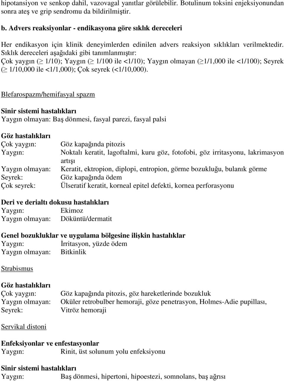 Sıklık dereceleri aşağıdaki gibi tanımlanmıştır: Çok yaygın ( 1/10); Yaygın ( 1/100 ile <1/10); Yaygın olmayan ( 1/1,000 ile <1/100); Seyrek ( 1/10,000 ile <1/1,000); Çok seyrek (<1/10,000).