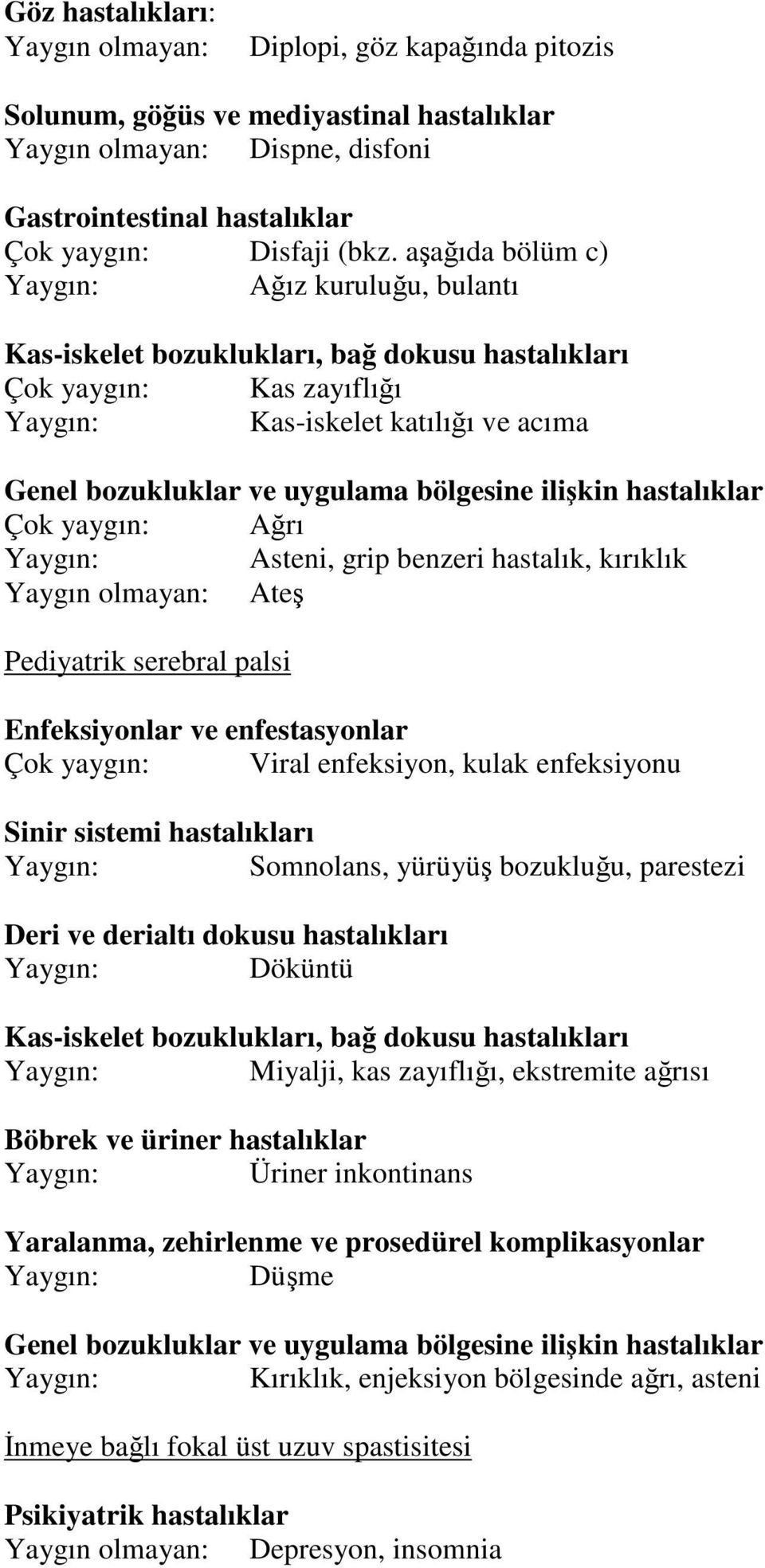 hastalıklar Çok yaygın: Ağrı Asteni, grip benzeri hastalık, kırıklık Yaygın olmayan: Ateş Pediyatrik serebral palsi Enfeksiyonlar ve enfestasyonlar Çok yaygın: Viral enfeksiyon, kulak enfeksiyonu