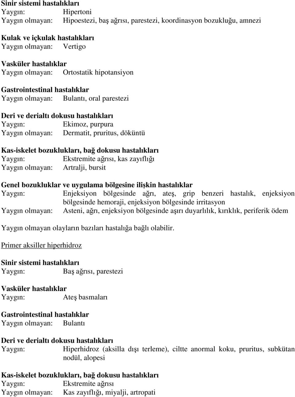 döküntü Kas-iskelet bozuklukları, bağ dokusu hastalıkları Ekstremite ağrısı, kas zayıflığı Yaygın olmayan: Artralji, bursit Genel bozukluklar ve uygulama bölgesine ilişkin hastalıklar Enjeksiyon