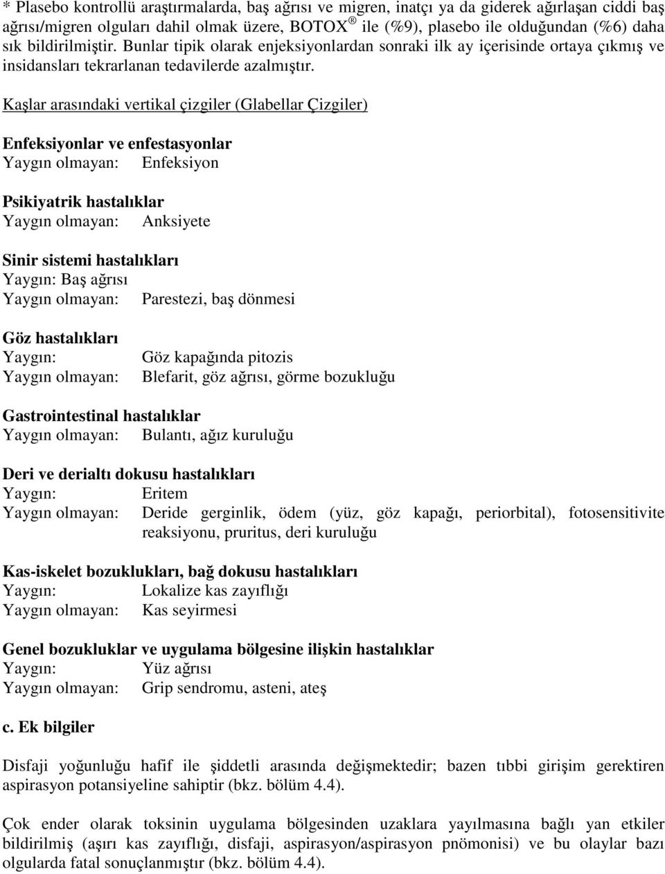 Kaşlar arasındaki vertikal çizgiler (Glabellar Çizgiler) Enfeksiyonlar ve enfestasyonlar Yaygın olmayan: Enfeksiyon Psikiyatrik hastalıklar Yaygın olmayan: Anksiyete Sinir sistemi hastalıkları Baş