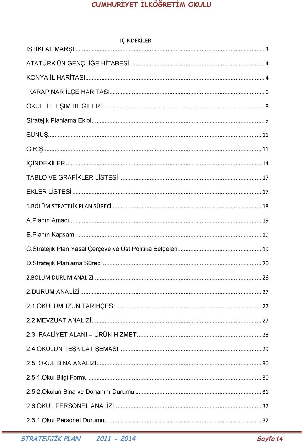 Stratejik Plan Yasal Çerçeve ve Üst Politika Belgeleri... 19 D.Stratejik Planlama Süreci... 20 2.BÖLÜM DURUM ANALİZİ... 26 2.DURUM ANALİZİ... 27 2.1.OKULUMUZUN TARİHÇESİ... 27 2.2.MEVZUAT ANALİZİ.