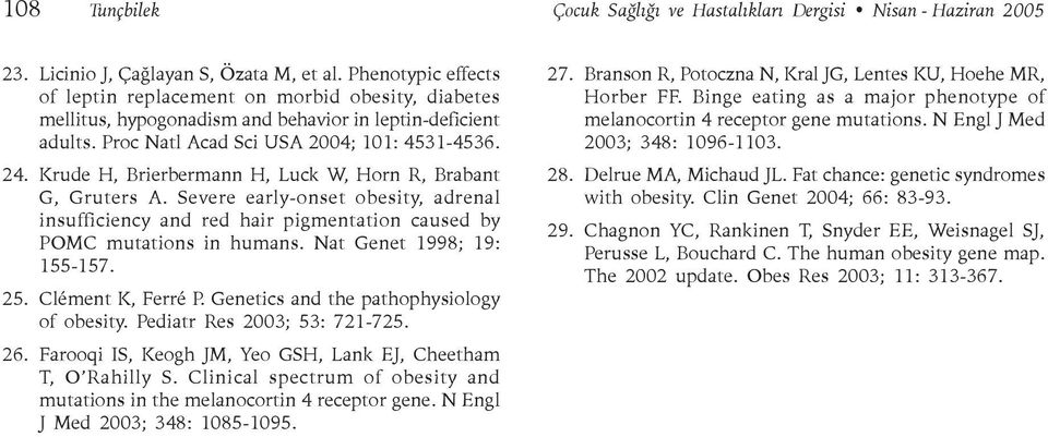 Krude H, Brierbermann H, Luck W, Horn R, Brabant G, Gruters A. Severe early-onset obesity, adrenal insufficiency and red hair pigmentation caused by POMC mutations in humans.