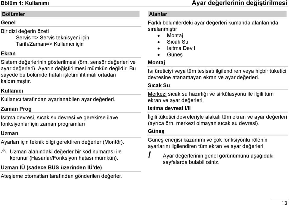 Zaman Prog Isıtma devresi, sıcak su devresi ve gerekirse ilave fonksiyonlar için zaman programları Uzman Ayarları için teknik bilgi gerektiren değerler (Montör).