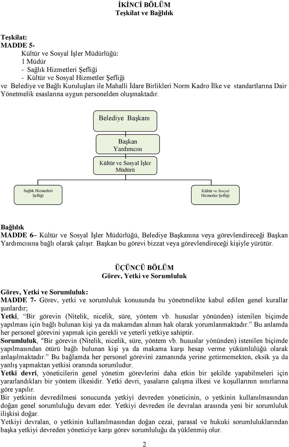 Belediye Başkanı Başkan Yardımcısı Kültür ve Sosyal İşler Müdürü Sağlık Hizmetleri Şefliği Kültür ve Sosyal Hizmetler Şefliği Bağlılık MADDE 6 Kültür ve Sosyal İşler Müdürlüğü, Belediye Başkanına