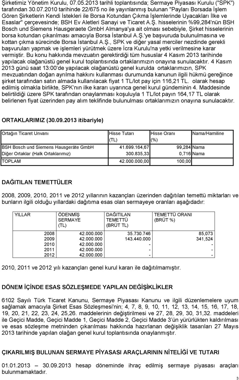 2010 tarihinde 22/675 no ile yayınlanmış bulunan "Payları Borsada İşlem Gören Şirketlerin Kendi İstekleri ile Borsa Kotundan Çıkma İşlemlerinde Uyacakları İlke ve Esaslar" çerçevesinde; BSH Ev