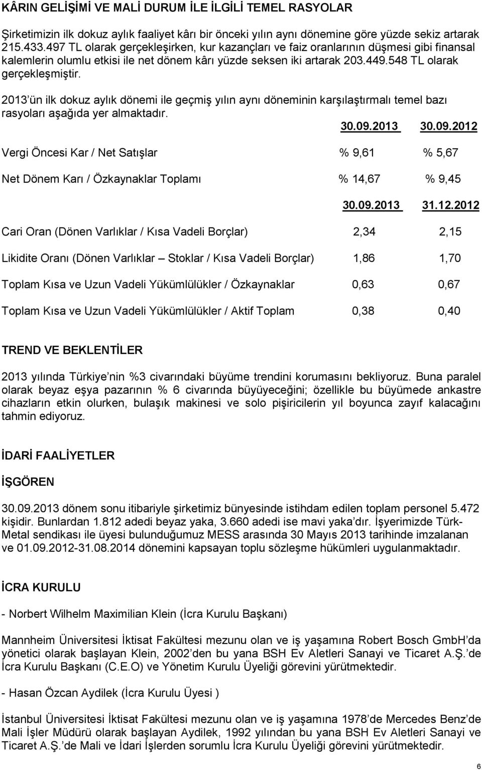 2013 ün ilk dokuz aylık dönemi ile geçmiş yılın aynı döneminin karşılaştırmalı temel bazı rasyoları aşağıda yer almaktadır. 30.09.