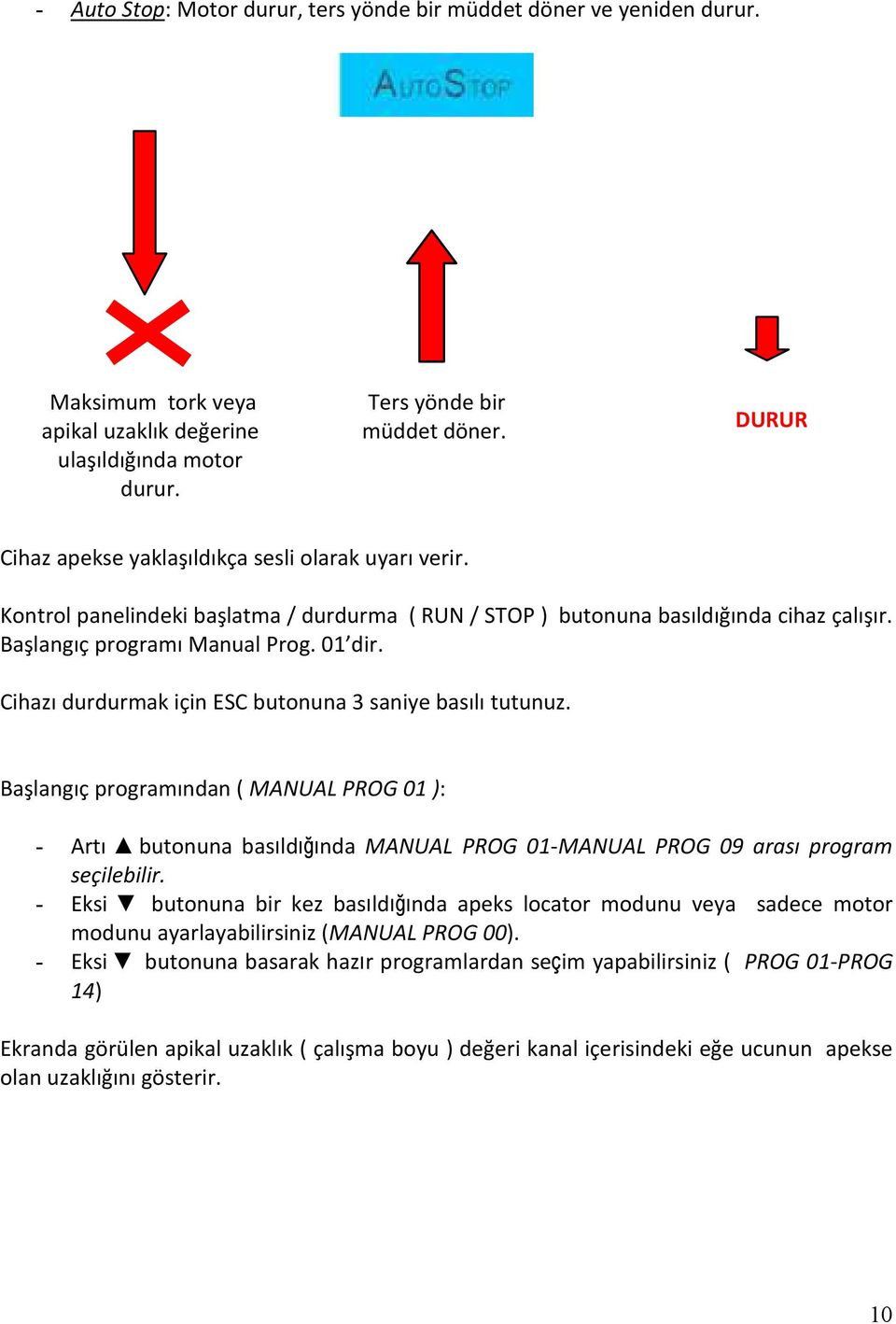 Cihazı durdurmak için ESC butonuna 3 saniye basılı tutunuz. Başlangıç programından ( MANUAL PROG 01 ): - Artı butonuna basıldığında MANUAL PROG 01-MANUAL PROG 09 arası program seçilebilir.