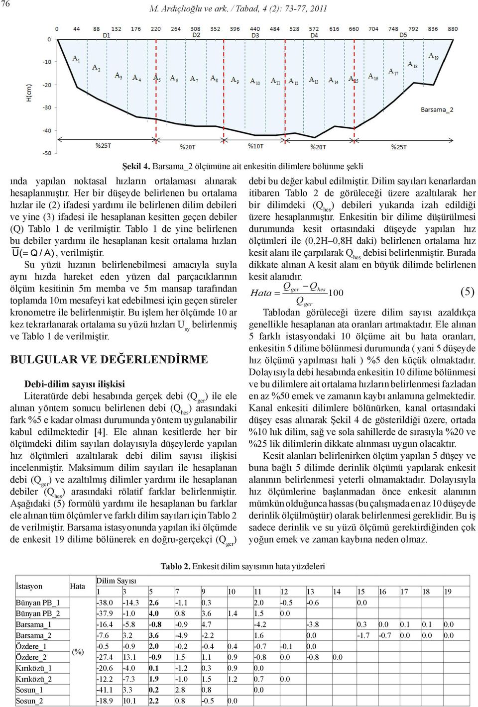 Tablo 1 de yne belrlenen bu debler yardımı le hesaplanan kest ortalama hızları ( = Q / A), verlmştr.