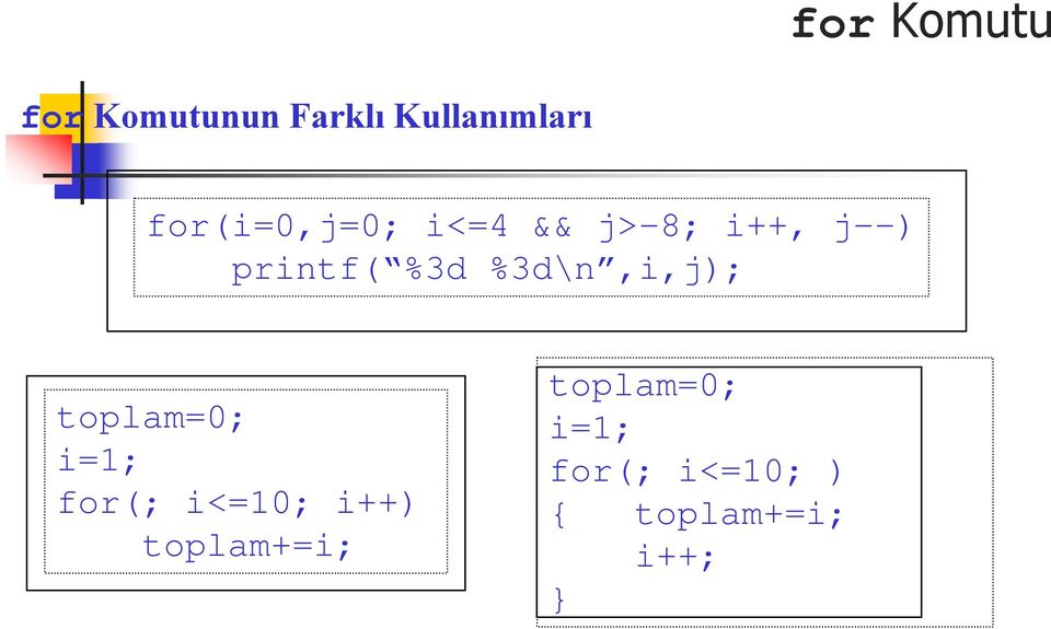 %3d\n,i,j); toplam=0; i=1; for(; i<=10; i++)