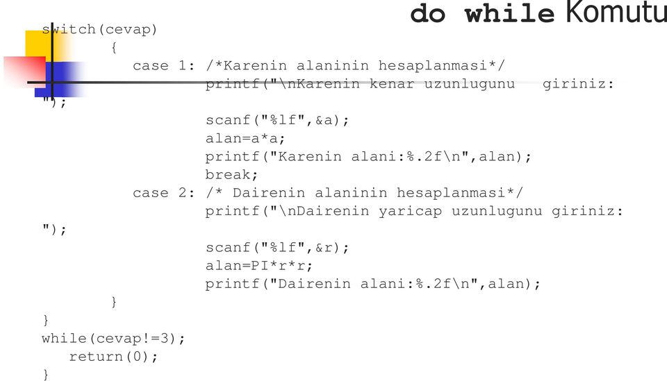 =3); return(0); do while Komutu giriniz: scanf("%lf",&a); alan=a*a; printf("karenin alani:%.