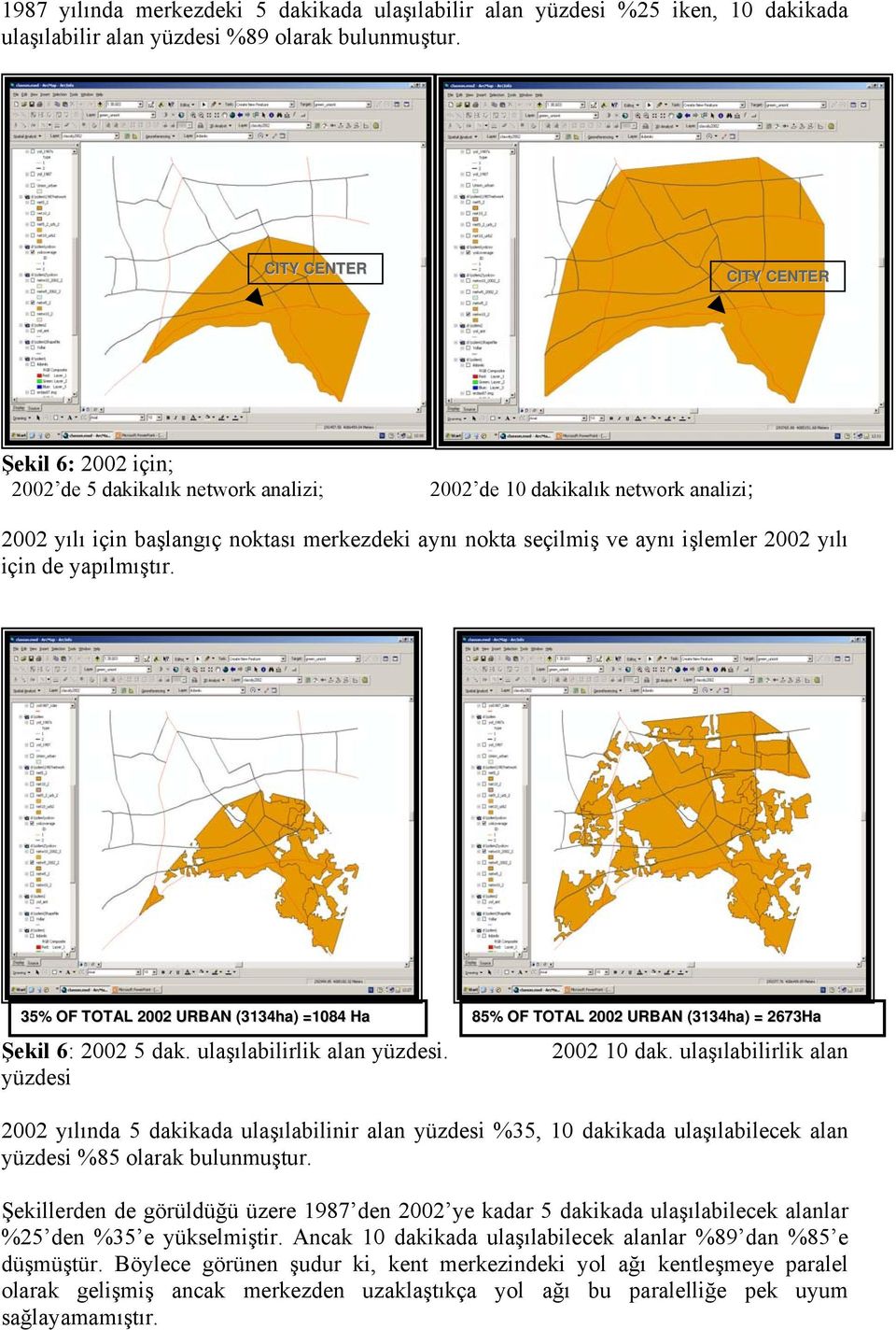 2002 yılı için de yapılmıştır. 35% OF TOTAL 2002 URBAN (3134ha) =1084 Ha 85% OF TOTAL 2002 URBAN (3134ha) = 2673Ha Şekil 6: 2002 5 dak. ulaşılabilirlik alan yüzdesi. yüzdesi 2002 10 dak.