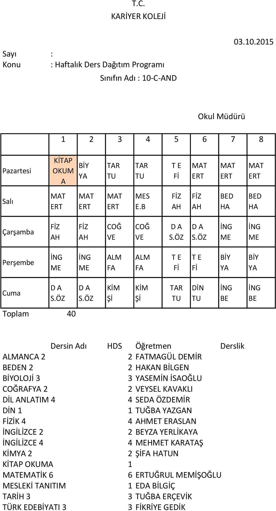 ZGAN İK 4 4 RASLAN İLİZCE 2 2 YZA YERLİKA İLİZCE 4 4 HT KARATAŞ 2 2 N OKUMA