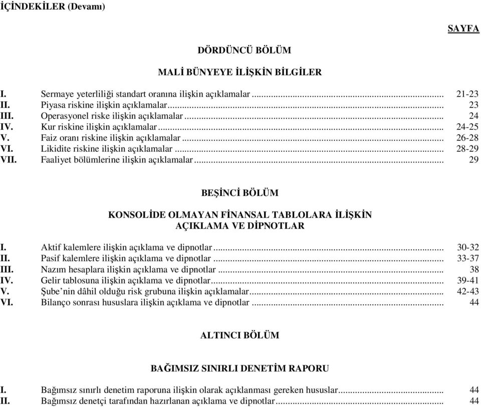 Faaliyet bölümlerine ilişkin açıklamalar... 29 BEŞĐNCĐ BÖLÜM KONSOLĐDE OLMAYAN FĐNANSAL TABLOLARA ĐLĐŞKĐN AÇIKLAMA VE DĐPNOTLAR I. Aktif kalemlere ilişkin açıklama ve dipnotlar... 30-32 II.