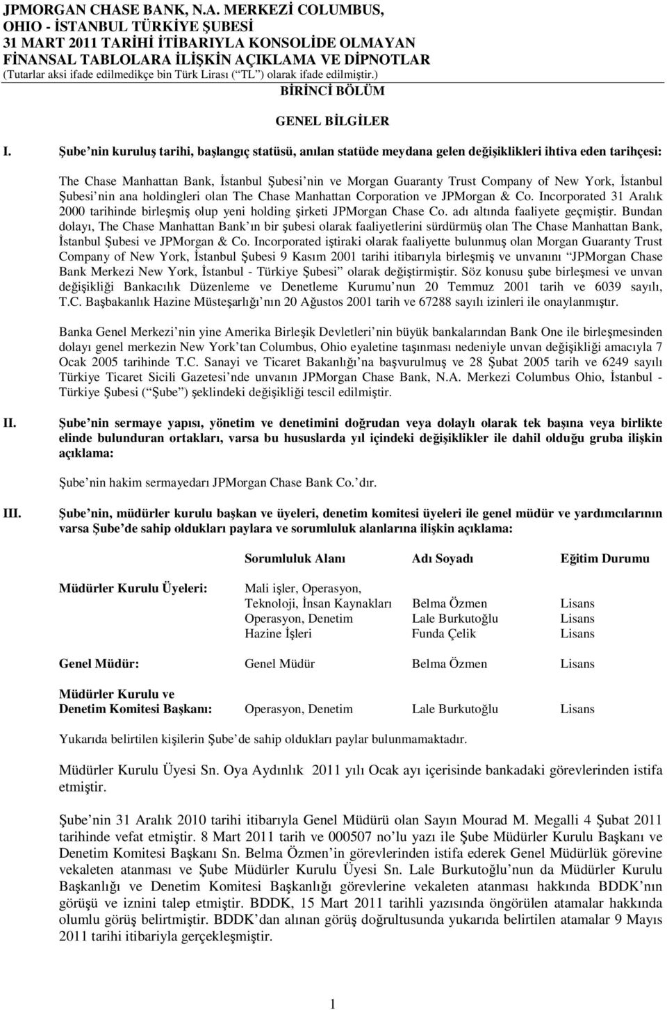 York, Đstanbul Şubesi nin ana holdingleri olan The Chase Manhattan Corporation ve JPMorgan & Co. Incorporated 31 Aralık 2000 tarihinde birleşmiş olup yeni holding şirketi JPMorgan Chase Co.