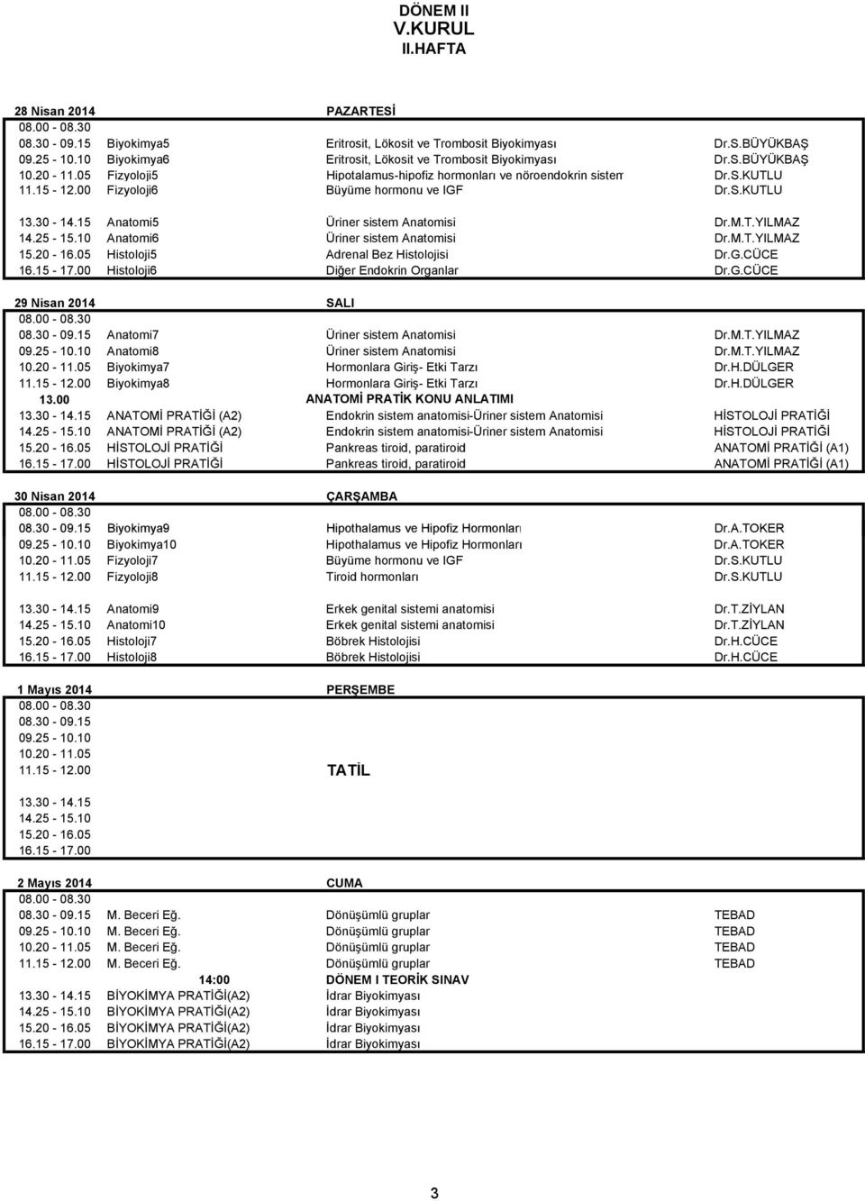 G.CÜCE 29 Nisan 2014 SALI Anatomi7 Üriner sistem Anatomisi Dr.M.T.YILMAZ Anatomi8 Üriner sistem Anatomisi Dr.M.T.YILMAZ Biyokimya7 Hormonlara Giriş- Etki Tarzı Dr.H.DÜLGER 11.15-12.