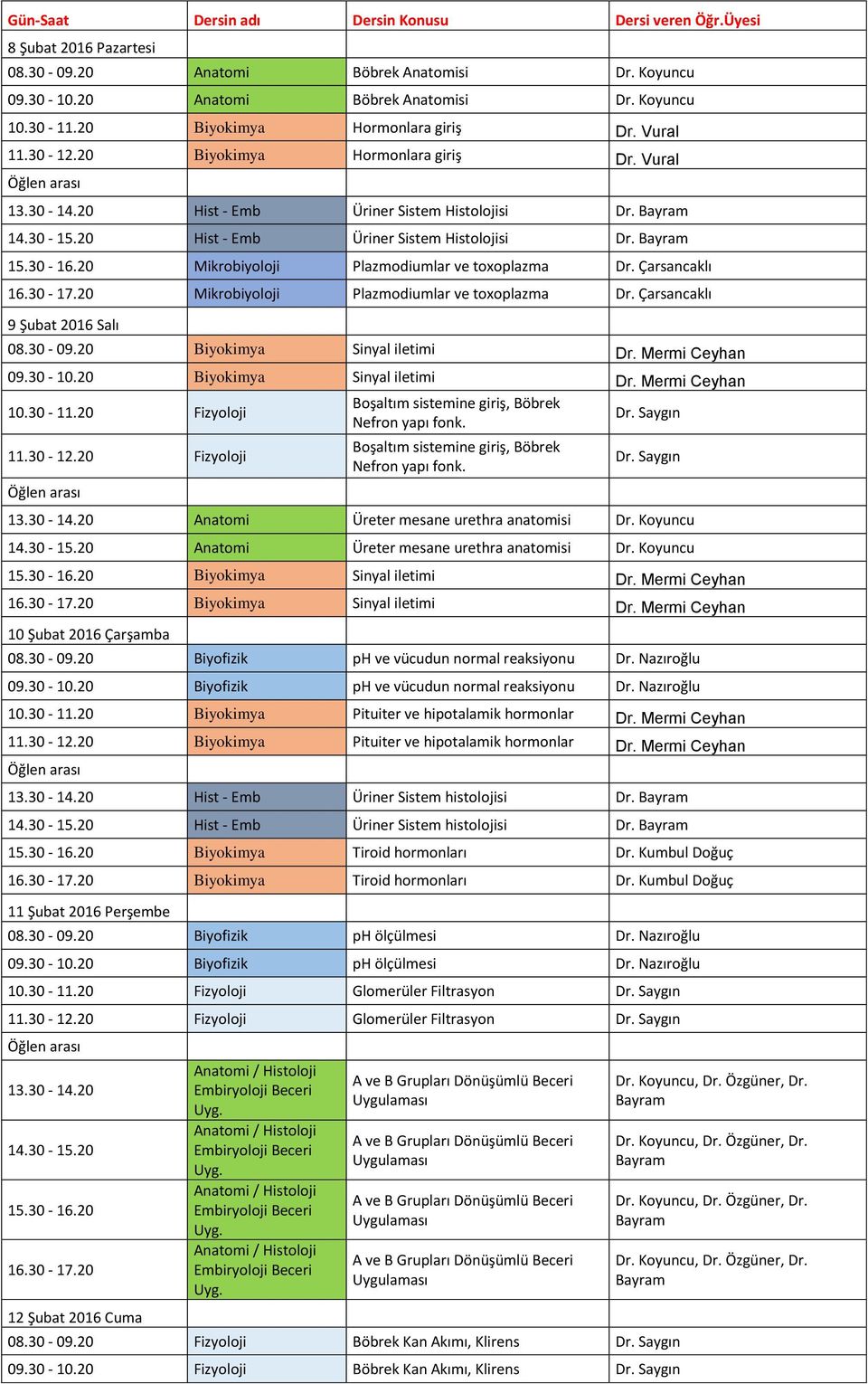 Hist - Emb Üriner Sistem Histolojisi Dr. Mikrobiyoloji Plazmodiumlar ve toxoplazma Mikrobiyoloji Plazmodiumlar ve toxoplazma 9 Şubat 2016 Salı Biyokimya Sinyal iletimi Dr.