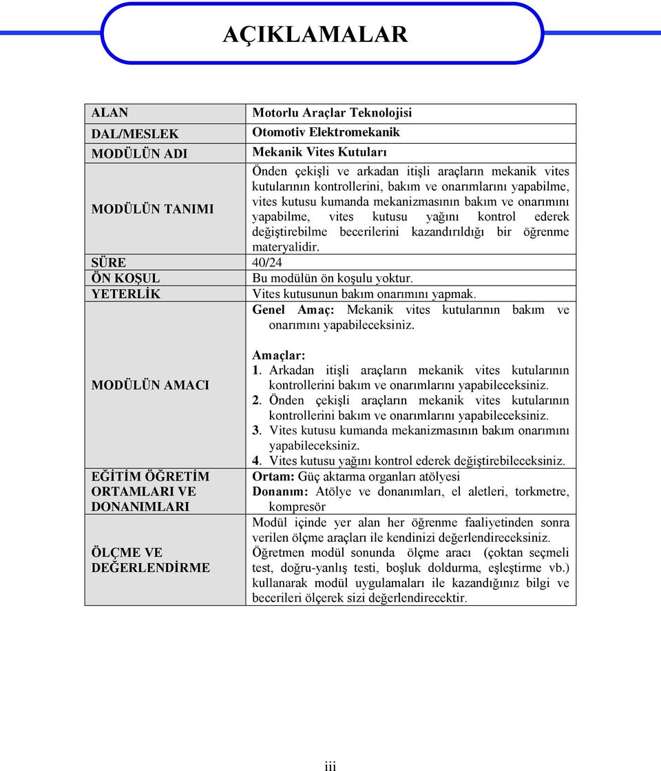 kazandırıldığı bir öğrenme materyalidir. SÜRE 40/24 ÖN KOġUL Bu modülün ön koģulu yoktur. YETERLĠK Vites kutusunun bakım onarımını yapmak.