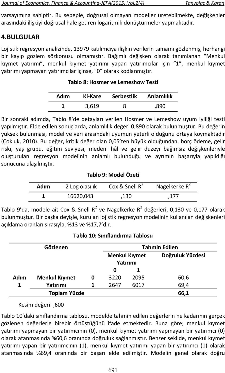 Bağımlı değişken olarak tanımlanan Menkul kıymet yatırımı, menkul kıymet yatırımı yapan yatırımcılar için 1, menkul kıymet yatırımı yapmayan yatırımcılar içinse, 0 olarak kodlanmıştır.