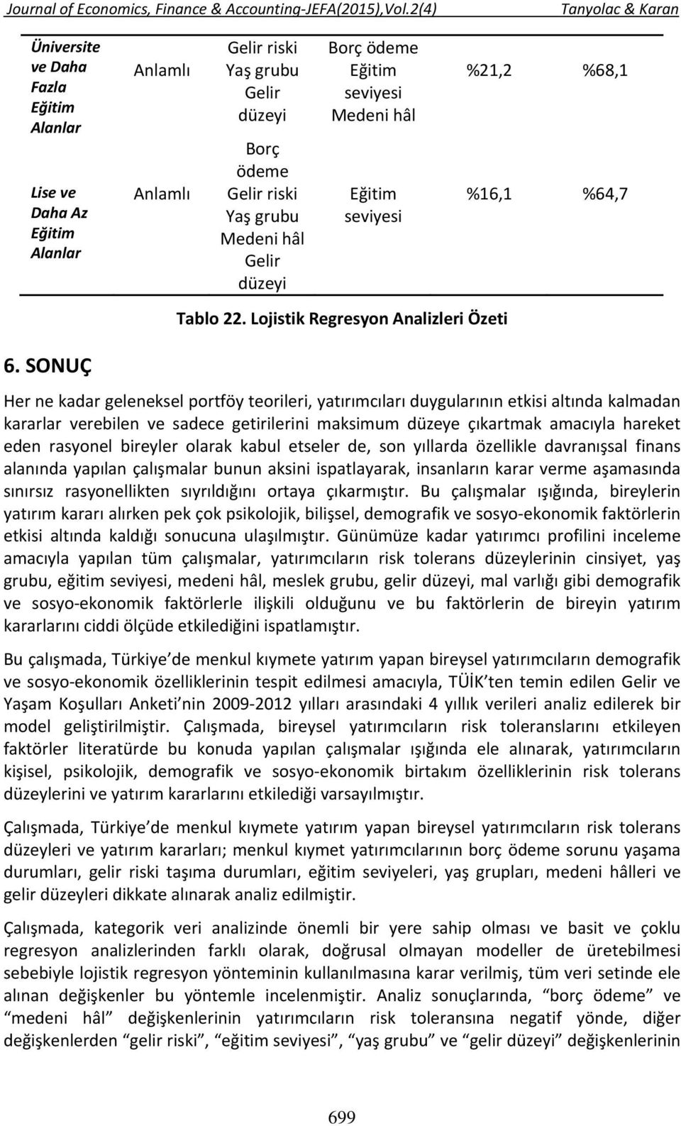 SONUÇ Her ne kadar geleneksel portföy teorileri, yatırımcıları duygularının etkisi altında kalmadan kararlar verebilen ve sadece getirilerini maksimum düzeye çıkartmak amacıyla hareket eden rasyonel