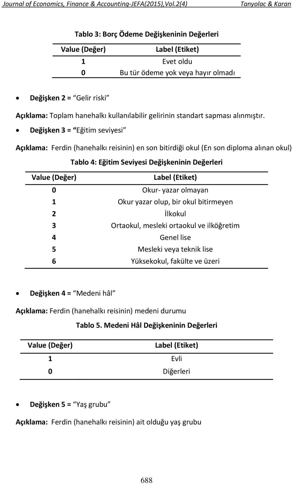 Değişken 3 = Eğitim seviyesi Açıklama: Ferdin (hanehalkı reisinin) en son bitirdiği okul (En son diploma alınan okul) Tablo 4: Eğitim Seviyesi Değişkeninin Değerleri Value (Değer) Label (Etiket) 0