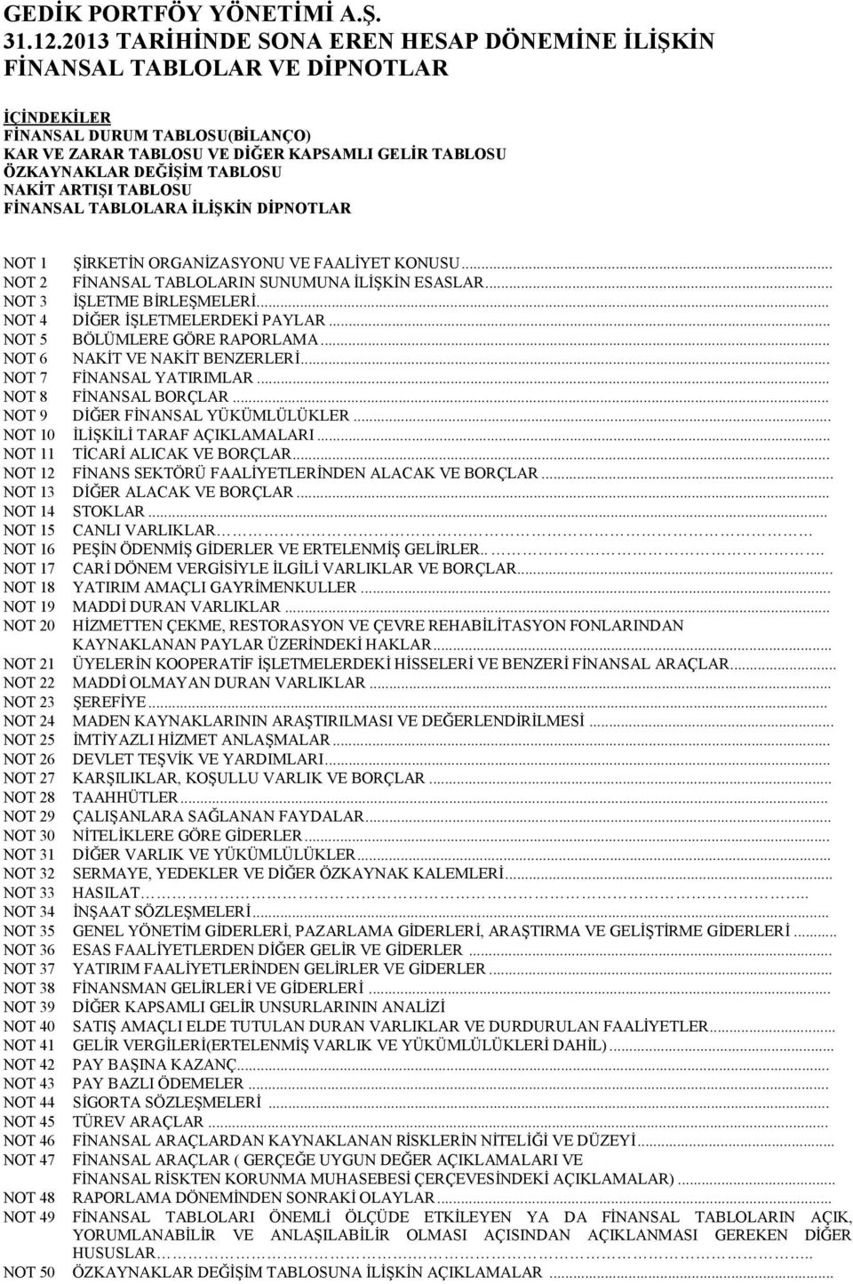 TABLOSU NAKİT ARTIŞI TABLOSU NOT 1 ŞİRKETİN ORGANİZASYONU VE FAALİYET KONUSU... NOT 2 FİNANSAL TABLOLARIN SUNUMUNA İLİŞKİN ESASLAR... NOT 3 İŞLETME BİRLEŞMELERİ... NOT 4 DİĞER İŞLETMELERDEKİ PAYLAR.