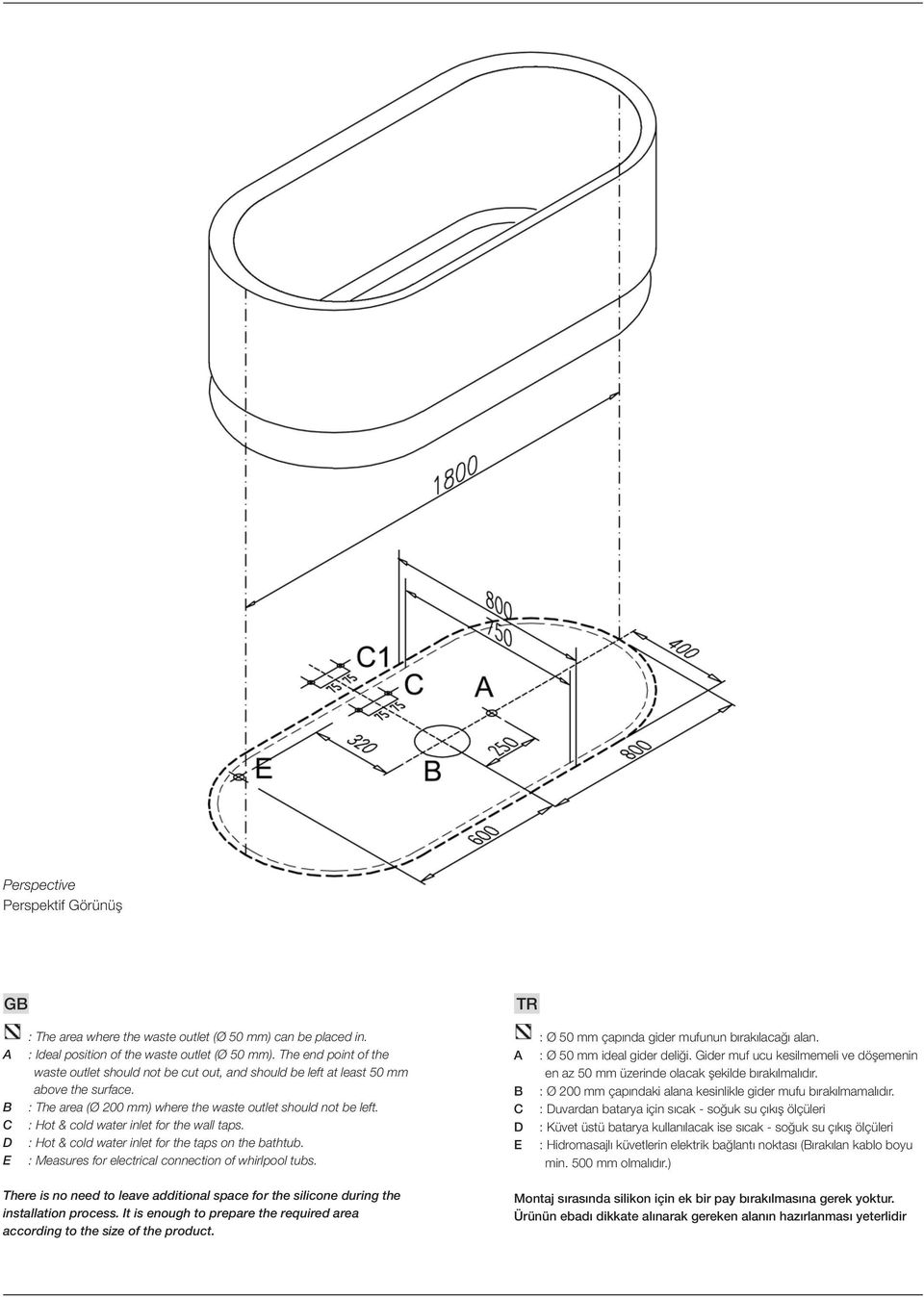 : Hot & cold water inlet for the wall taps. : Hot & cold water inlet for the taps on the bathtub. : Measures for electrical connection of whirlpool tubs.