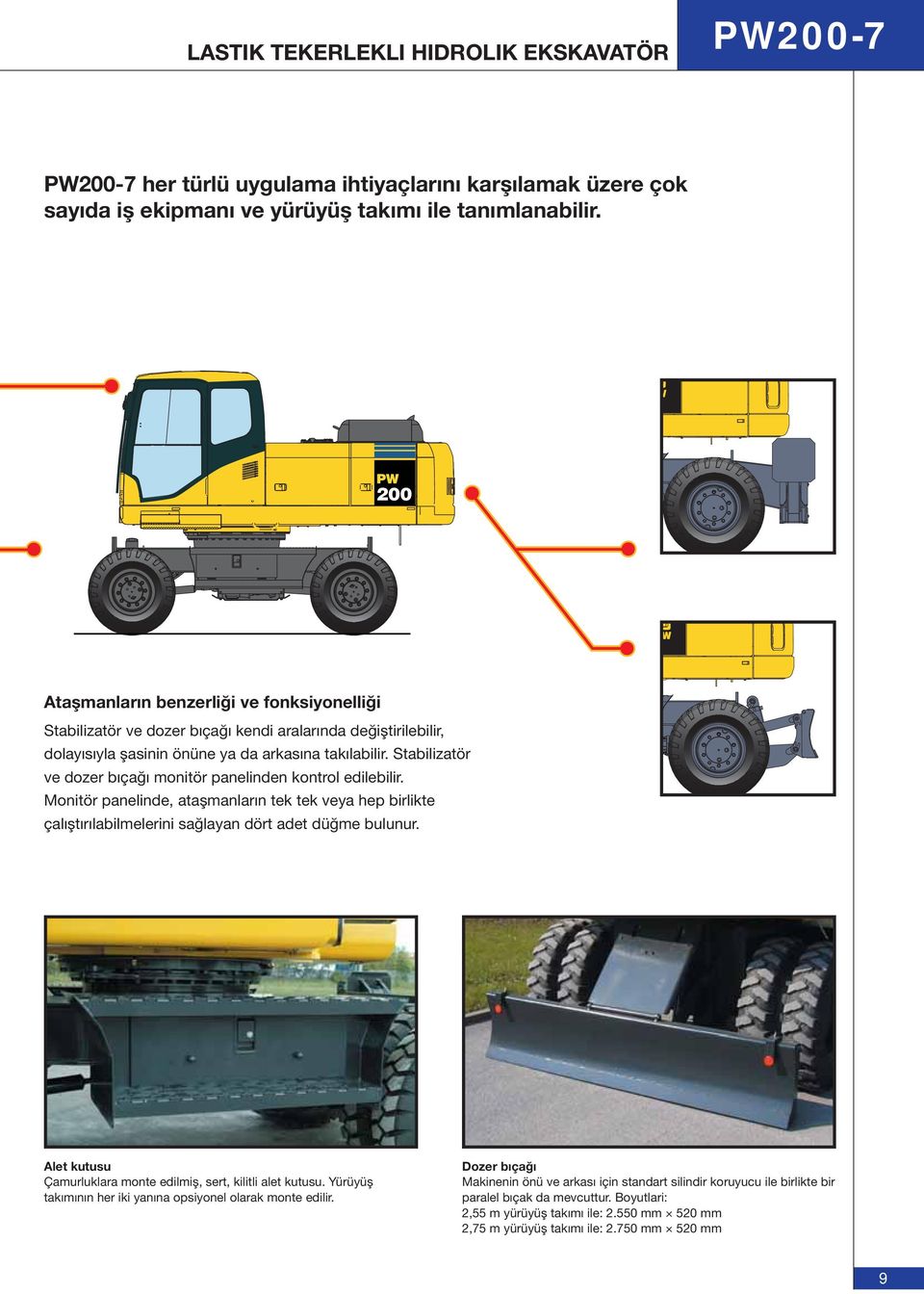 Stabilizatör ve dozer bıçağı monitör panelinden kontrol edilebilir. Monitör panelinde, ataşmanların tek tek veya hep birlikte çalıştırılabilmelerini sağlayan dört adet düğme bulunur.