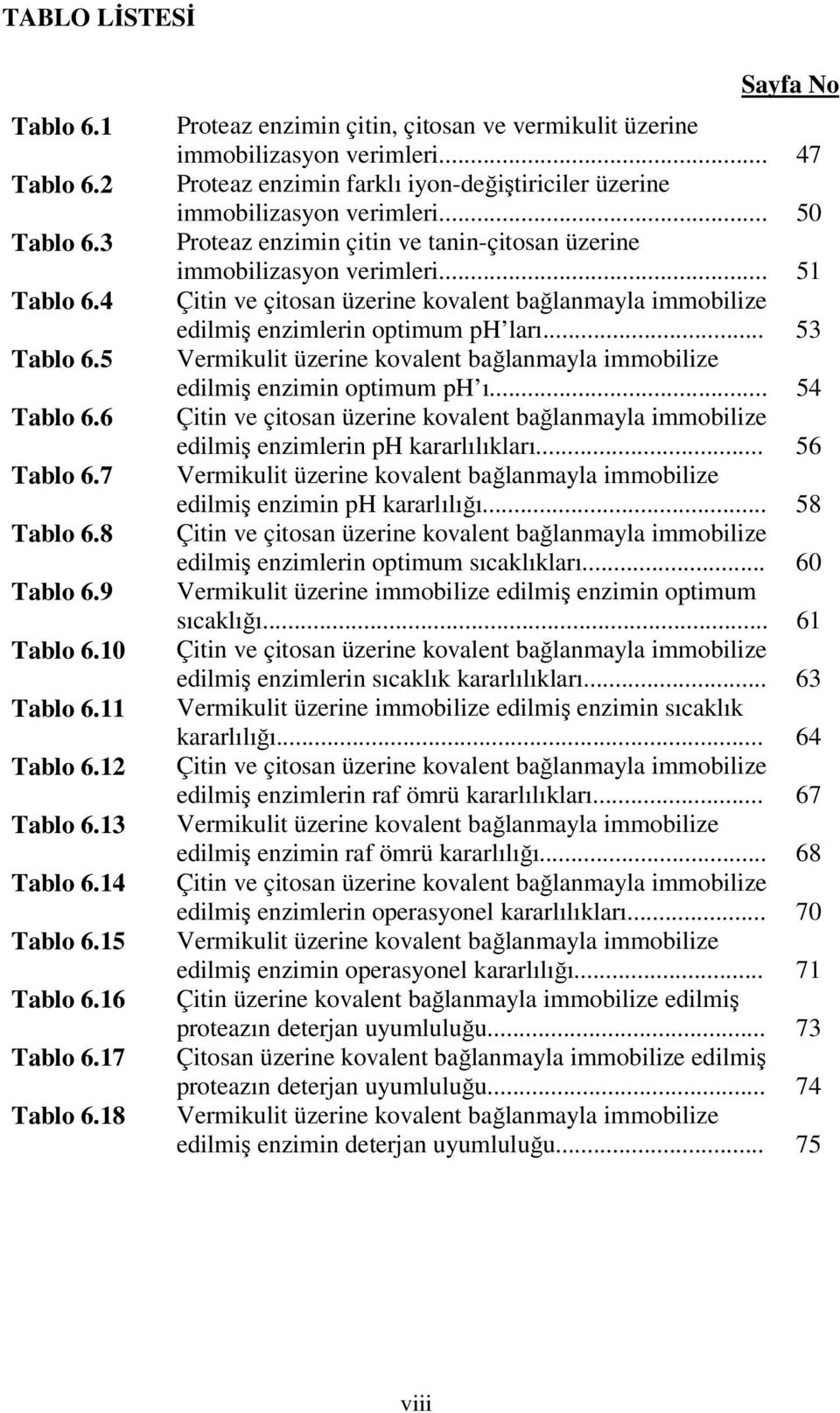 .. 50 Proteaz enzimin çitin ve tanin-çitosan üzerine immobilizasyon verimleri... 51 Çitin ve çitosan üzerine kovalent bağlanmayla immobilize edilmiş enzimlerin optimum ph ları.