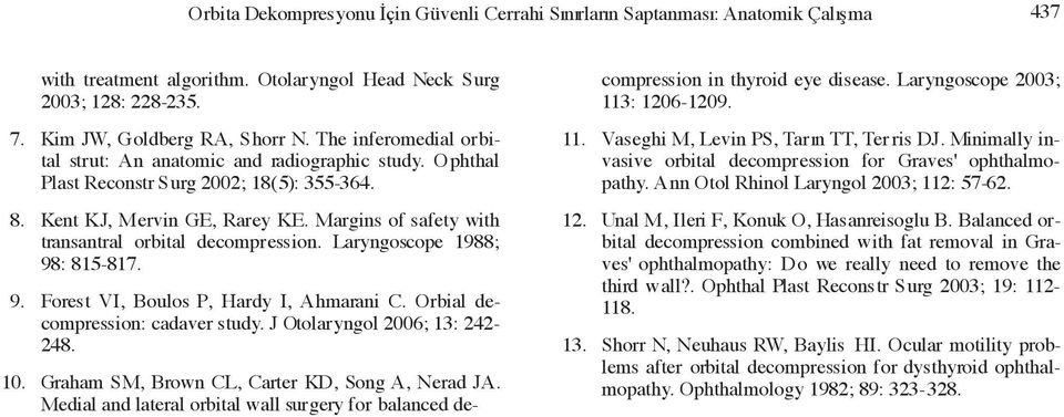 Margins of safety with transantral orbital decompression. Laryngoscope 1988; 98: 815-817. 9. Forest VI, Boulos P, Hardy I, Ahmarani C. Orbial decompression: cadaver study.