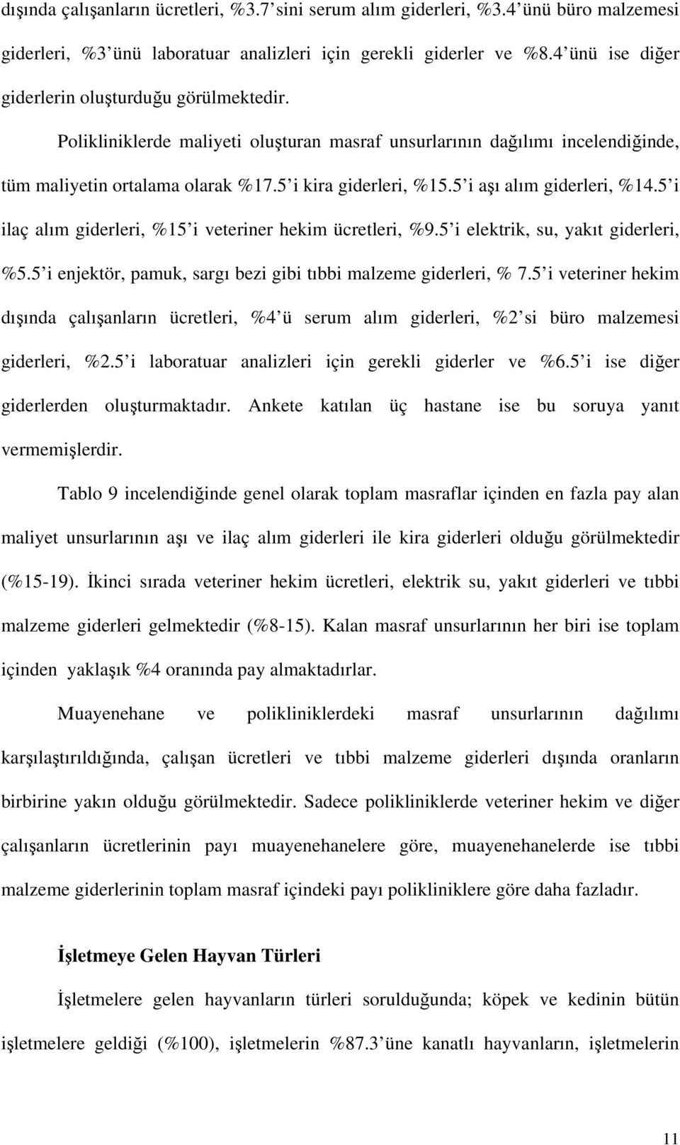 5 i aşı alım giderleri, %14.5 i ilaç alım giderleri, %15 i veteriner hekim ücretleri, %9.5 i elektrik, su, yakıt giderleri, %5.5 i enjektör, pamuk, sargı bezi gibi tıbbi malzeme giderleri, % 7.