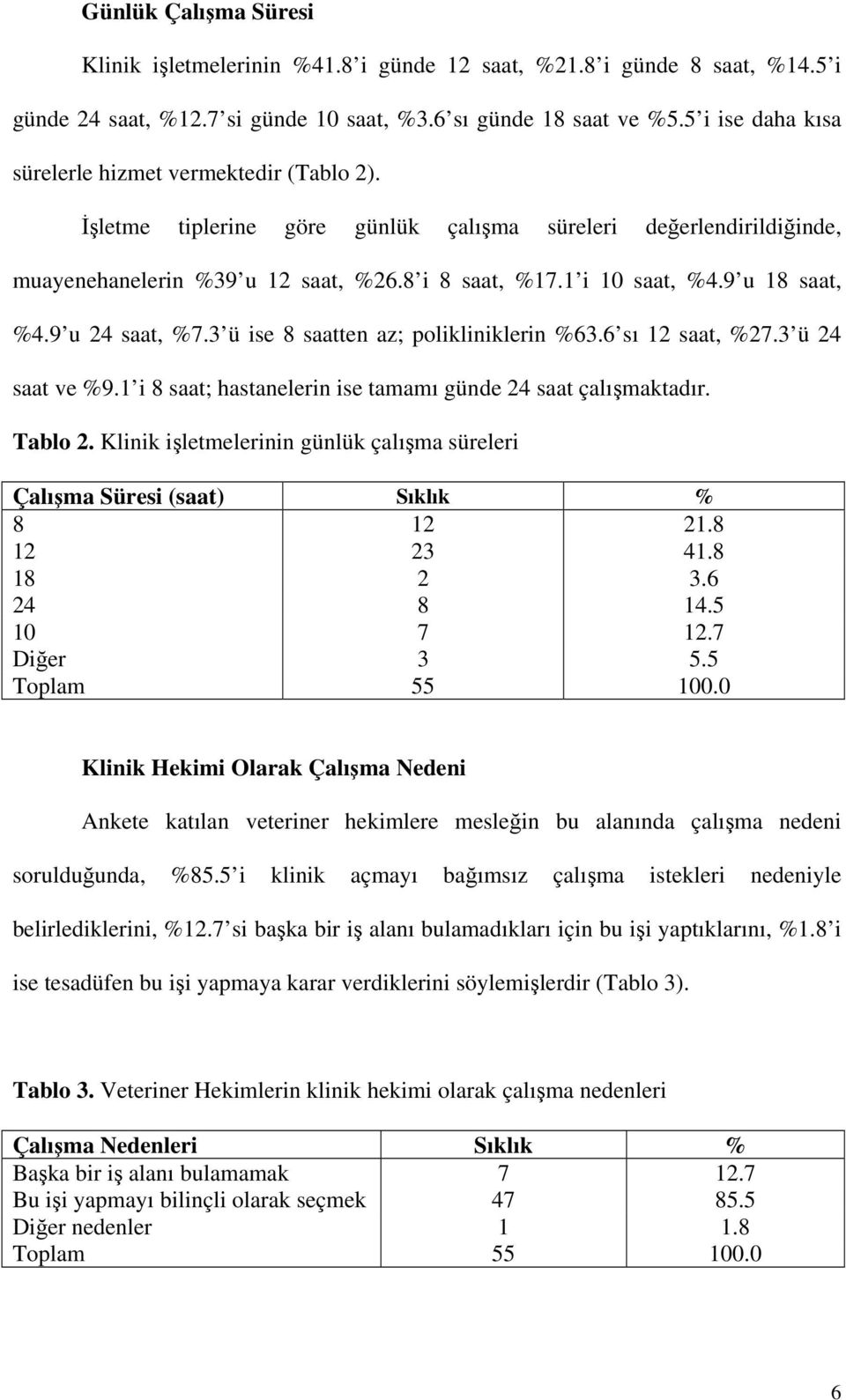 9 u 18 saat, %4.9 u 24 saat, %7.3 ü ise 8 saatten az; polikliniklerin %63.6 sı 12 saat, %27.3 ü 24 saat ve %9.1 i 8 saat; hastanelerin ise tamamı günde 24 saat çalışmaktadır. Tablo 2.