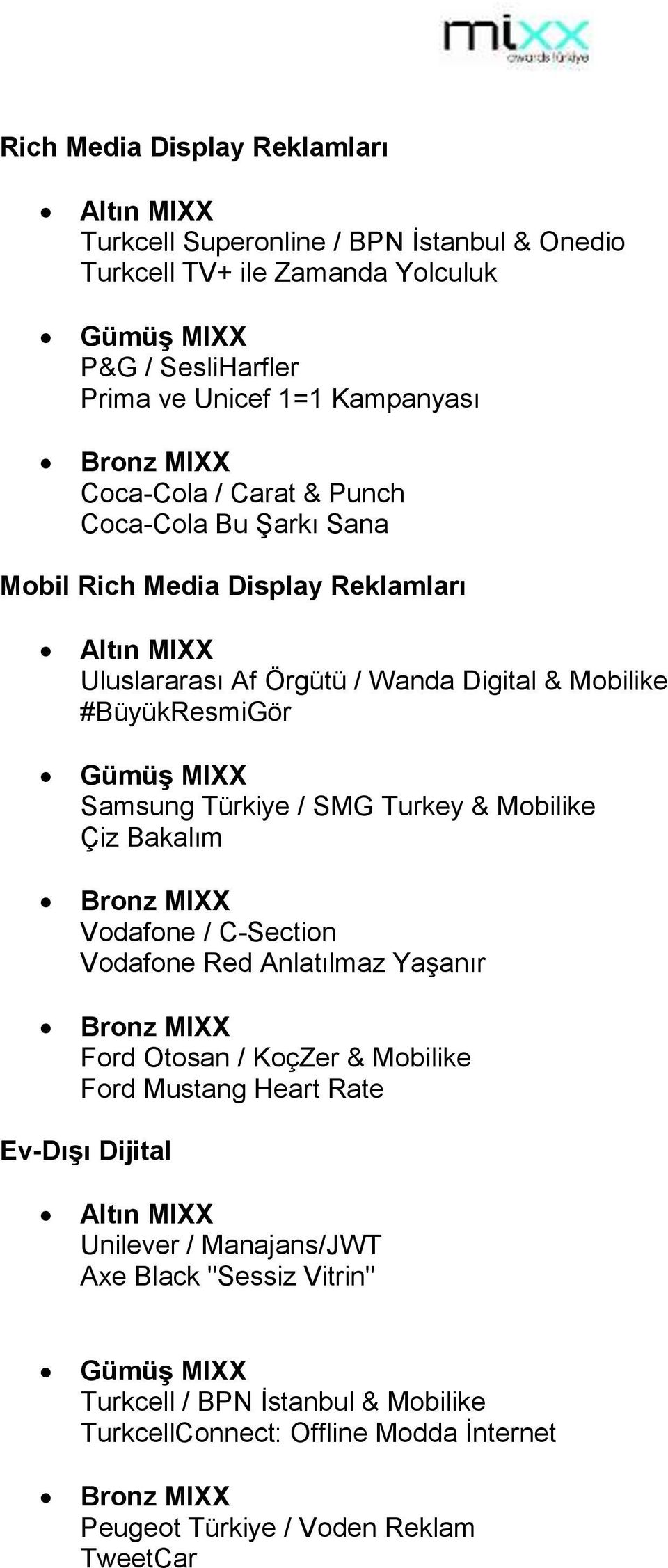 Türkiye / SMG Turkey & Mobilike Çiz Bakalım Vodafone / C-Section Vodafone Red Anlatılmaz Yaşanır Ford Otosan / KoçZer & Mobilike Ford Mustang Heart Rate Ev-Dışı