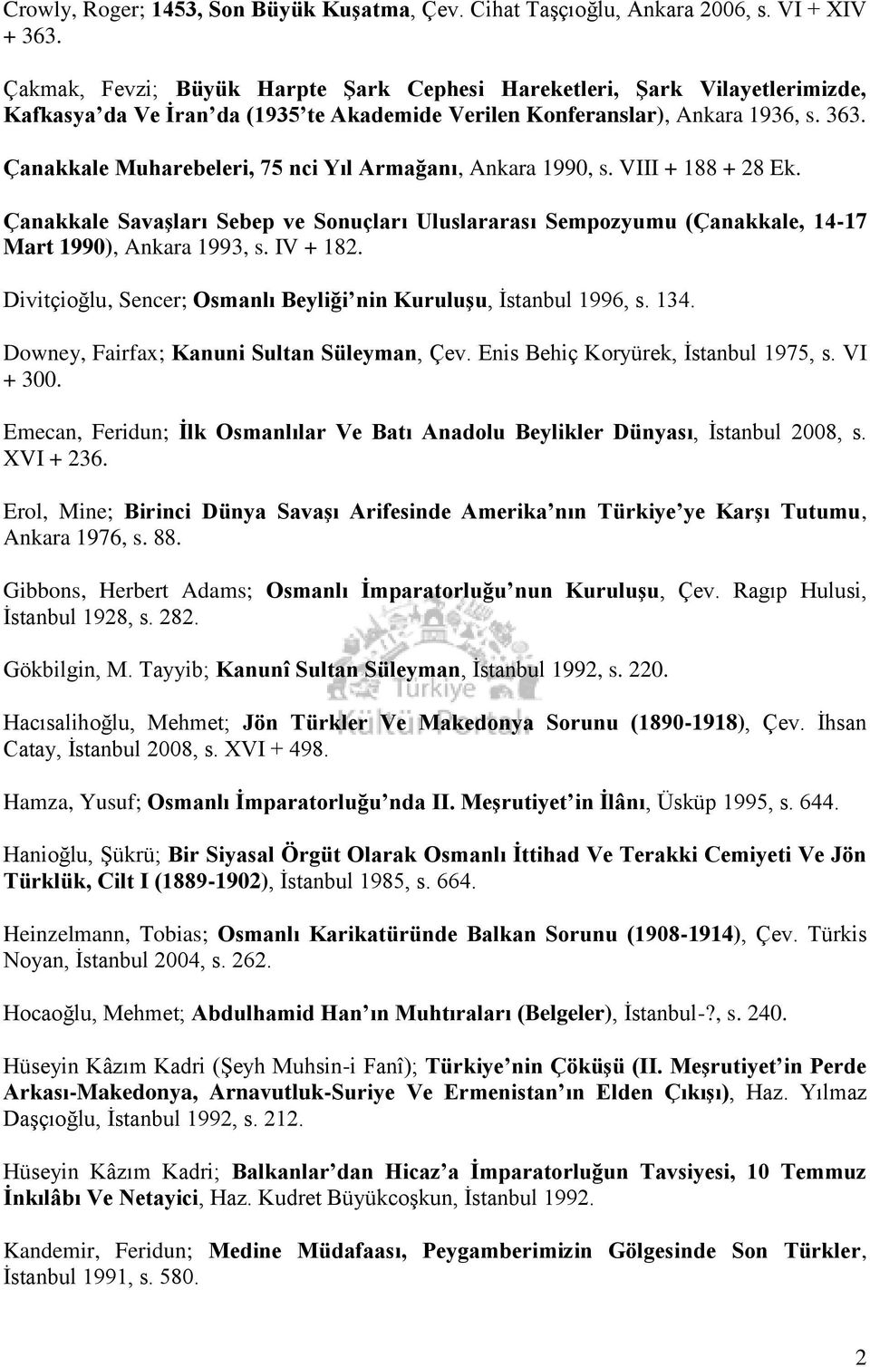 Çanakkale Muharebeleri, 75 nci Yıl Armağanı, Ankara 1990, s. VIII + 188 + 28 Ek. Çanakkale SavaĢları Sebep ve Sonuçları Uluslararası Sempozyumu (Çanakkale, 14-17 Mart 1990), Ankara 1993, s. IV + 182.