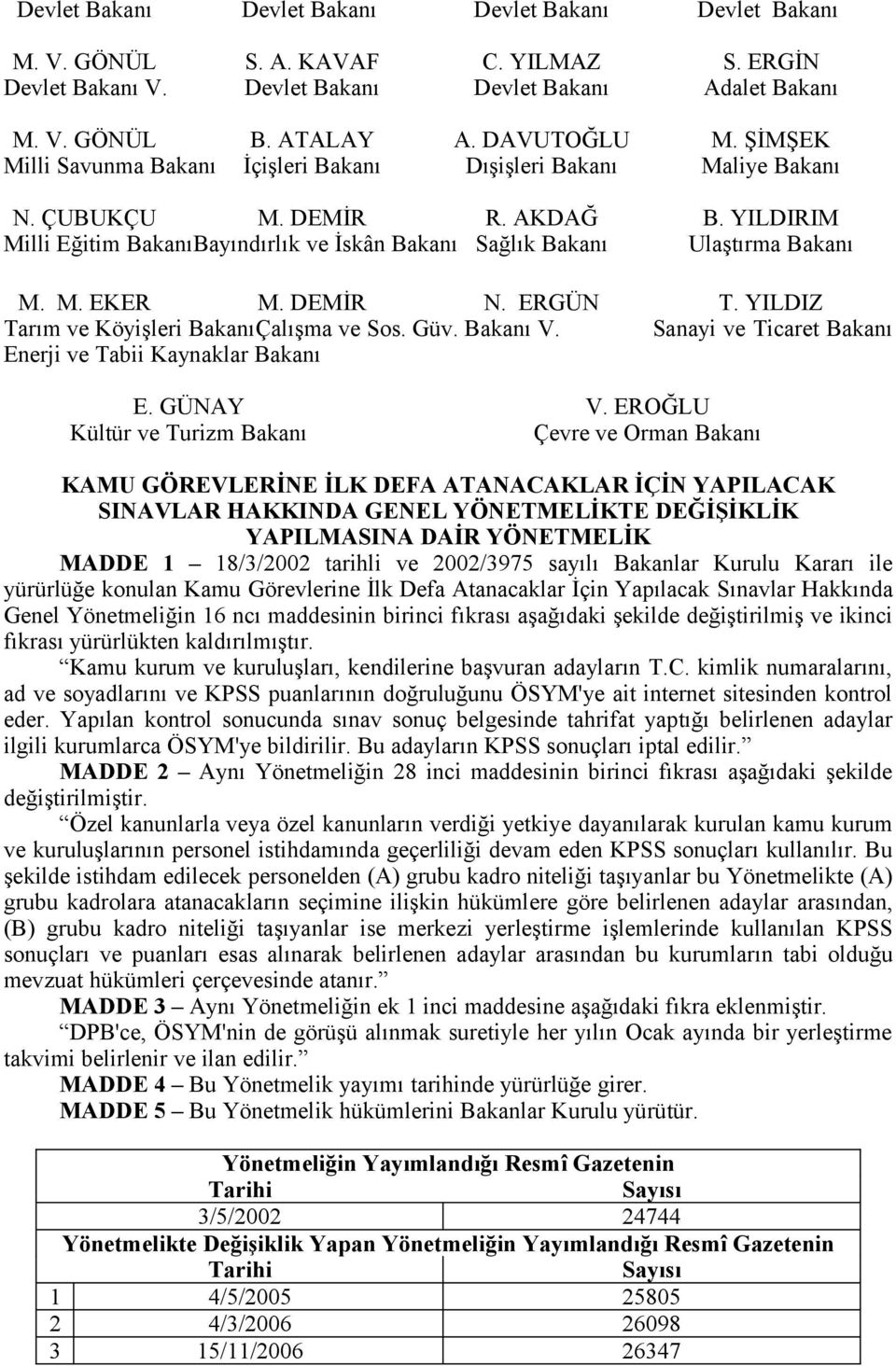 DEMİR N. ERGÜN T. YILDIZ Tarım ve Köyişleri BakanıÇalışma ve Sos. Güv. Bakanı V. Sanayi ve Ticaret Bakanı Enerji ve Tabii Kaynaklar Bakanı E. GÜNAY V.