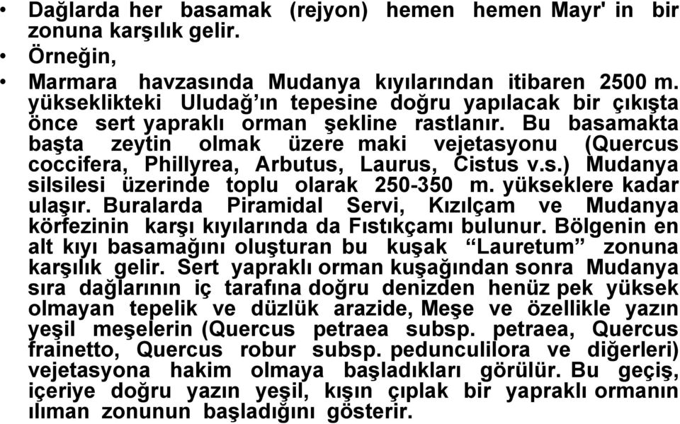 Bu basamakta başta zeytin olmak üzere maki vejetasyonu (Quercus coccifera, Phillyrea, Arbutus, Laurus, Cistus v.s.) Mudanya silsilesi üzerinde toplu olarak 250-350 m. yükseklere kadar ulaşır.