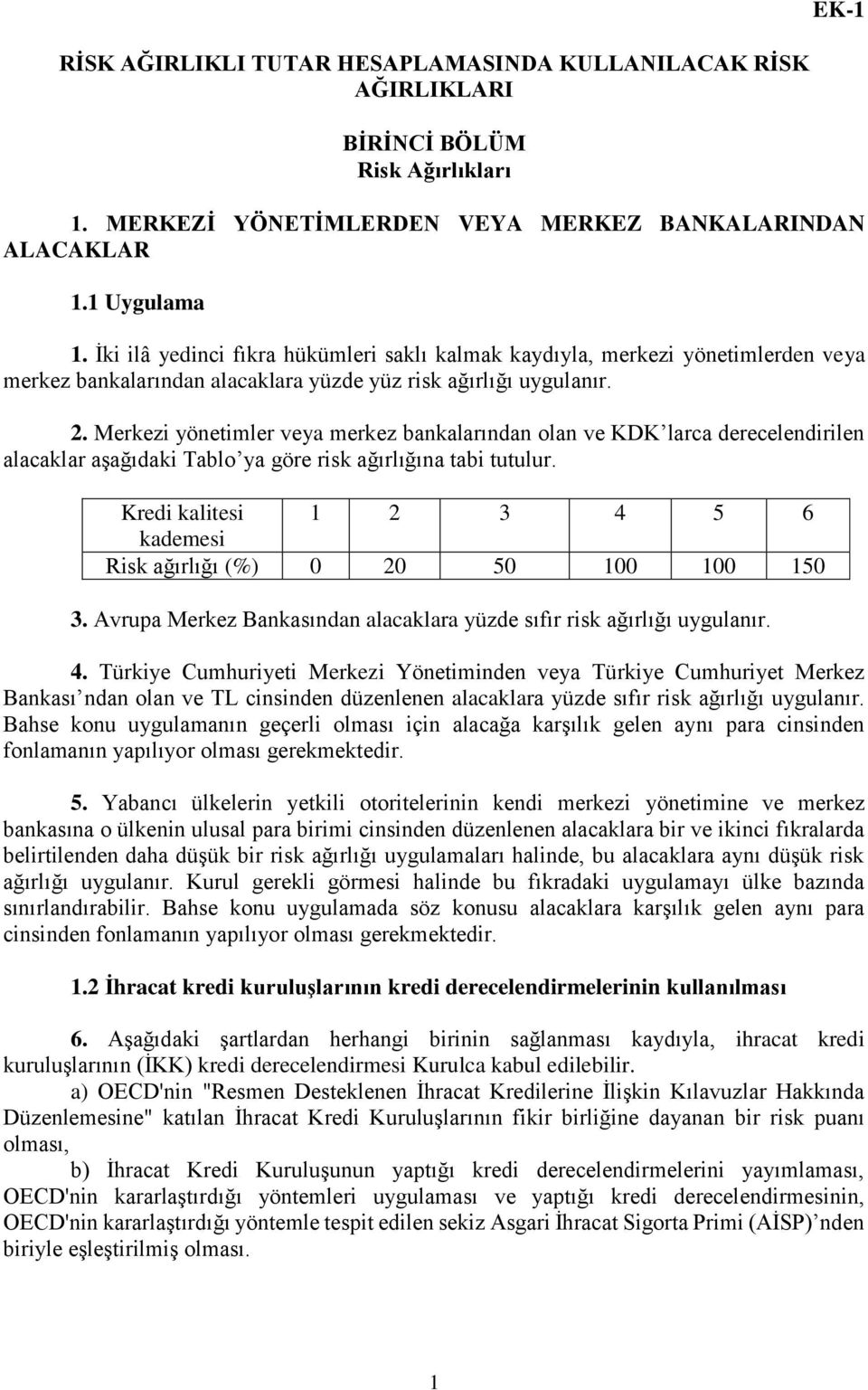 Merkezi yönetimler veya merkez bankalarından olan ve KDK larca derecelendirilen alacaklar aşağıdaki Tablo ya göre risk ağırlığına tabi tutulur.