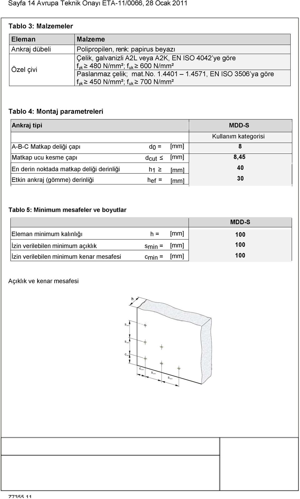 4571, EN ISO 3506 ya göre f yk 450 N/mm²; f uk 700 N/mm² Tablo 4: Montaj parametreleri Ankraj tipi MDD-S Kullanım kategorisi A-B-C Matkap deliği çapı d0 = 8 Matkap ucu kesme çapı dcut 8,45 En derin