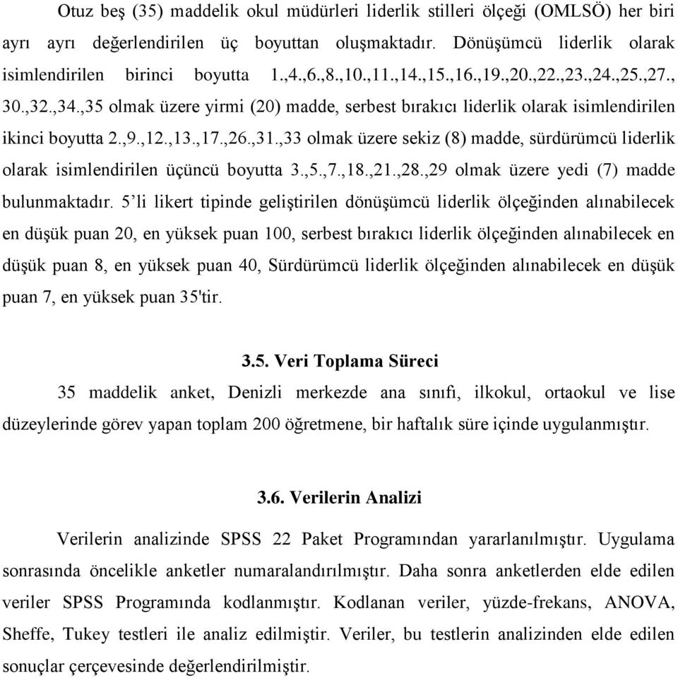 ,33 olmak üzere sekiz (8) madde, sürdürümcü liderlik olarak isimlendirilen üçüncü boyutta 3.,5.,7.,18.,21.,28.,29 olmak üzere yedi (7) madde bulunmaktadır.